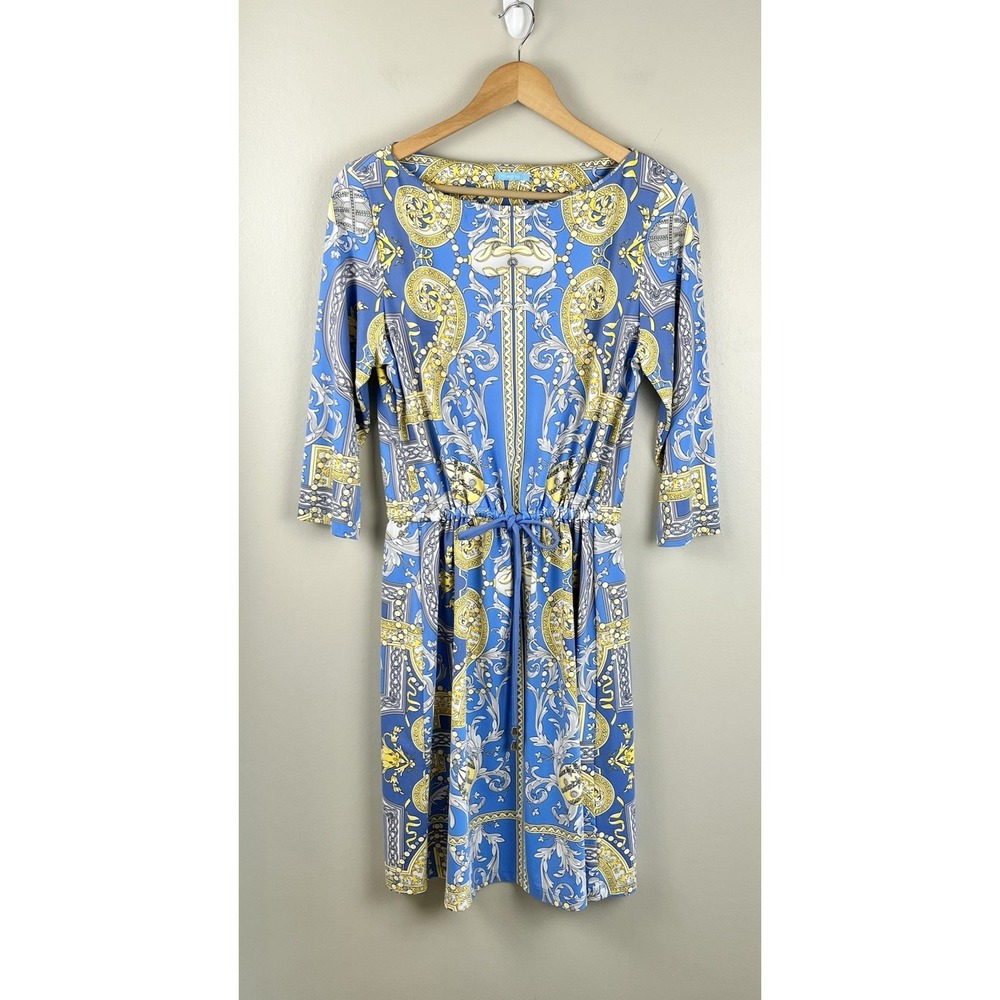 J McLaughlin Marianne Tie Waist Dress 3/4 Sleeves Catalina Fabric Blue Yellow Lg